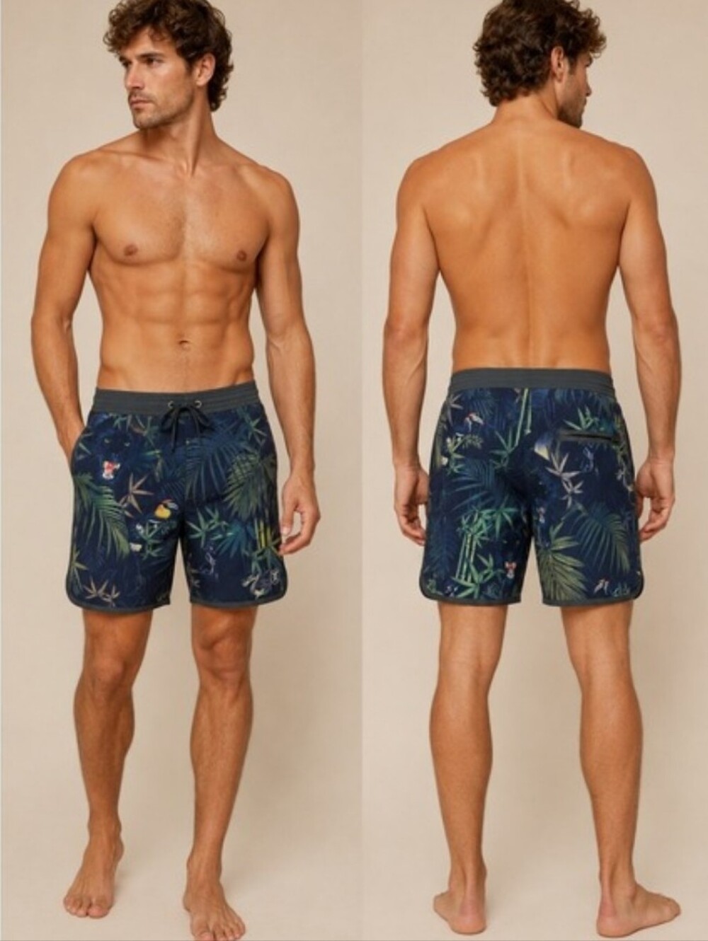 Roark Board Shorts Mens 38 Navy Blue Tropical Jungle Animal Print Stretch Beach